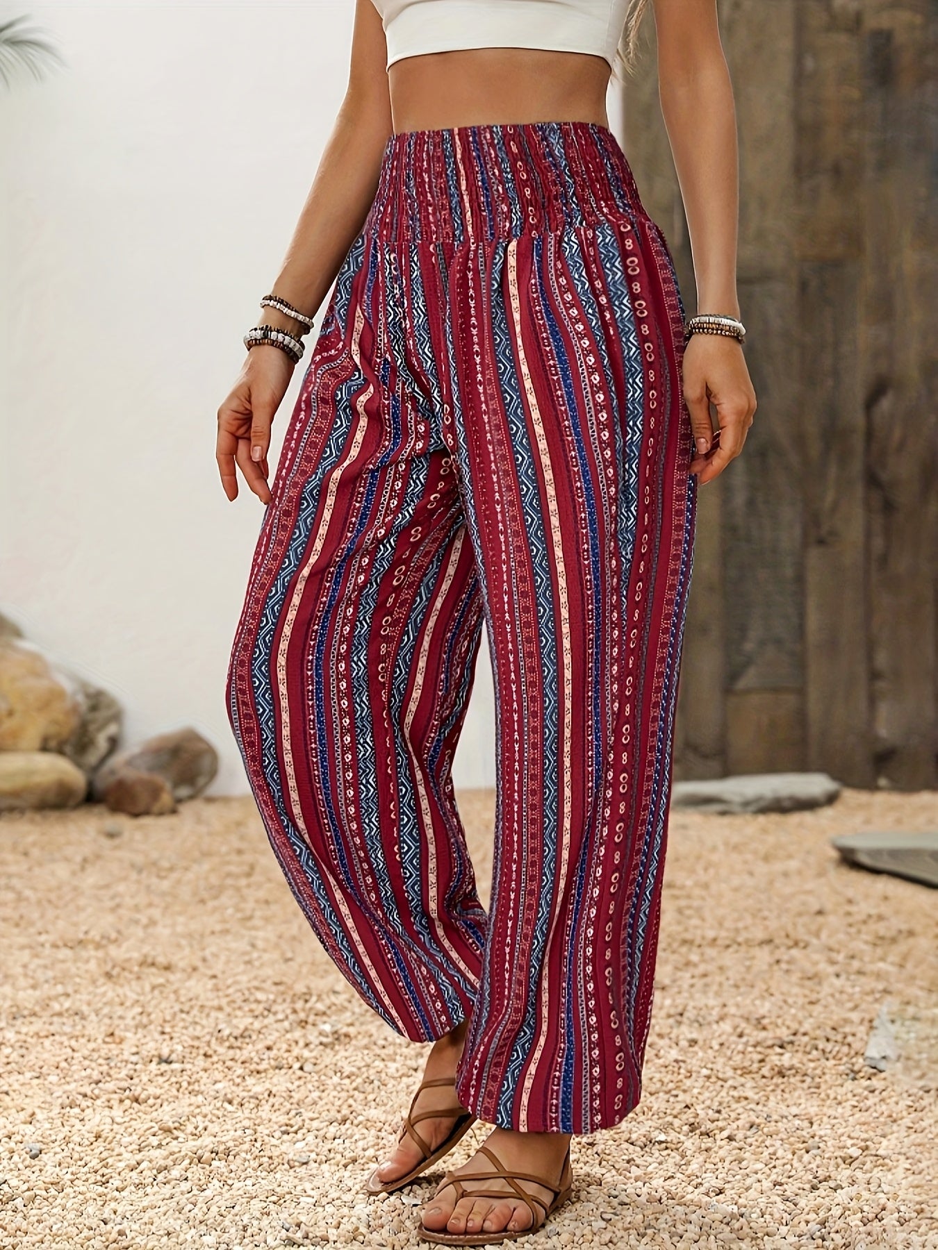 Women's Bohemian Ethnic Print High-Waisted Wide-Leg Pants - Elastic Waist Tassel Hem Lightweight Loose-Fit Trousers for Spring Summer Fall, Casual Outdoor Festivals & Beach Outings, Vacation Clothing, Loose Fit, Flowy Silhoue
