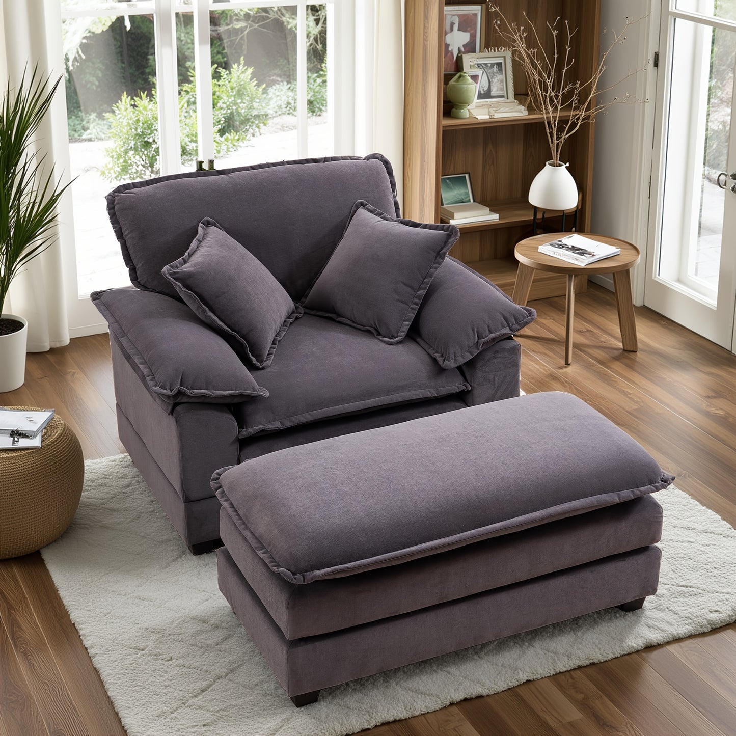 46.9 Inch Velvet Single Sofa with 2 Folding Pillows And An Ottoman, Comfort Sofa - Living Room Apartment Deep Seating Sofa, Upholstered Recliners