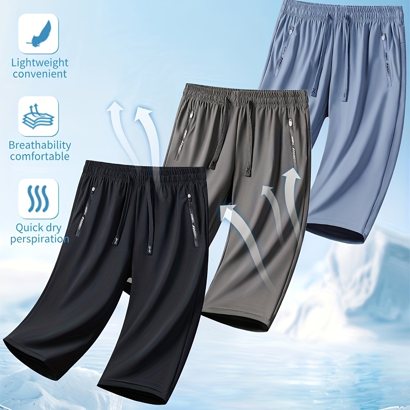 Three Pairs Of Summer Women's Shorts, Women's Solid Color 3/4 Pants, Elastic Drawstring At The Waist, Diagonal Zipper Pocket, Nylon And Spandex Medium-elastic Fabric Pants, Ice Silky Quick-drying Sports Pants, Women's Pants