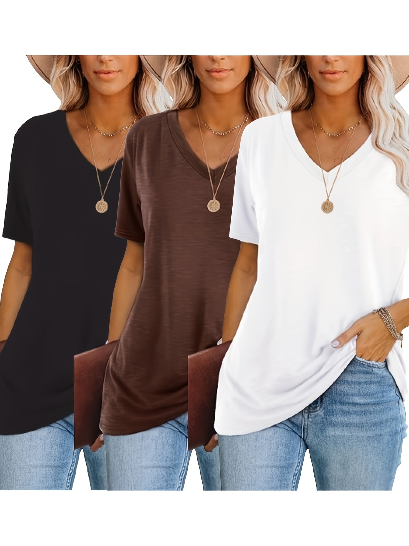 [Fashion T-Shirt] Three-Piece V-Neck Short Sleeve T-Shirt Set | 2025 European and American Fashion Casual Loose Women's
