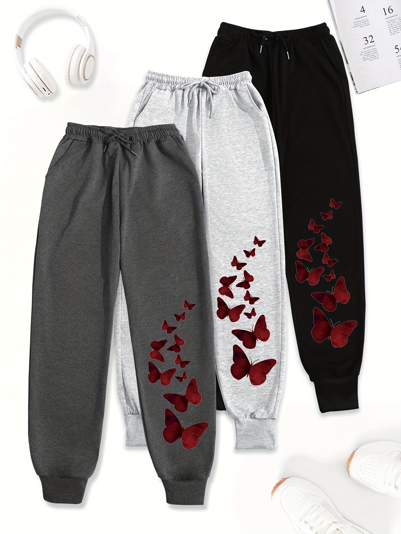 3pcs Women'S Casual Joggers with Butterfly Print - Elastic Waist, Loose Fit, Drawstring, Pockets, All-Season Comfort, Beige, Gray, Black, Jogging Pants