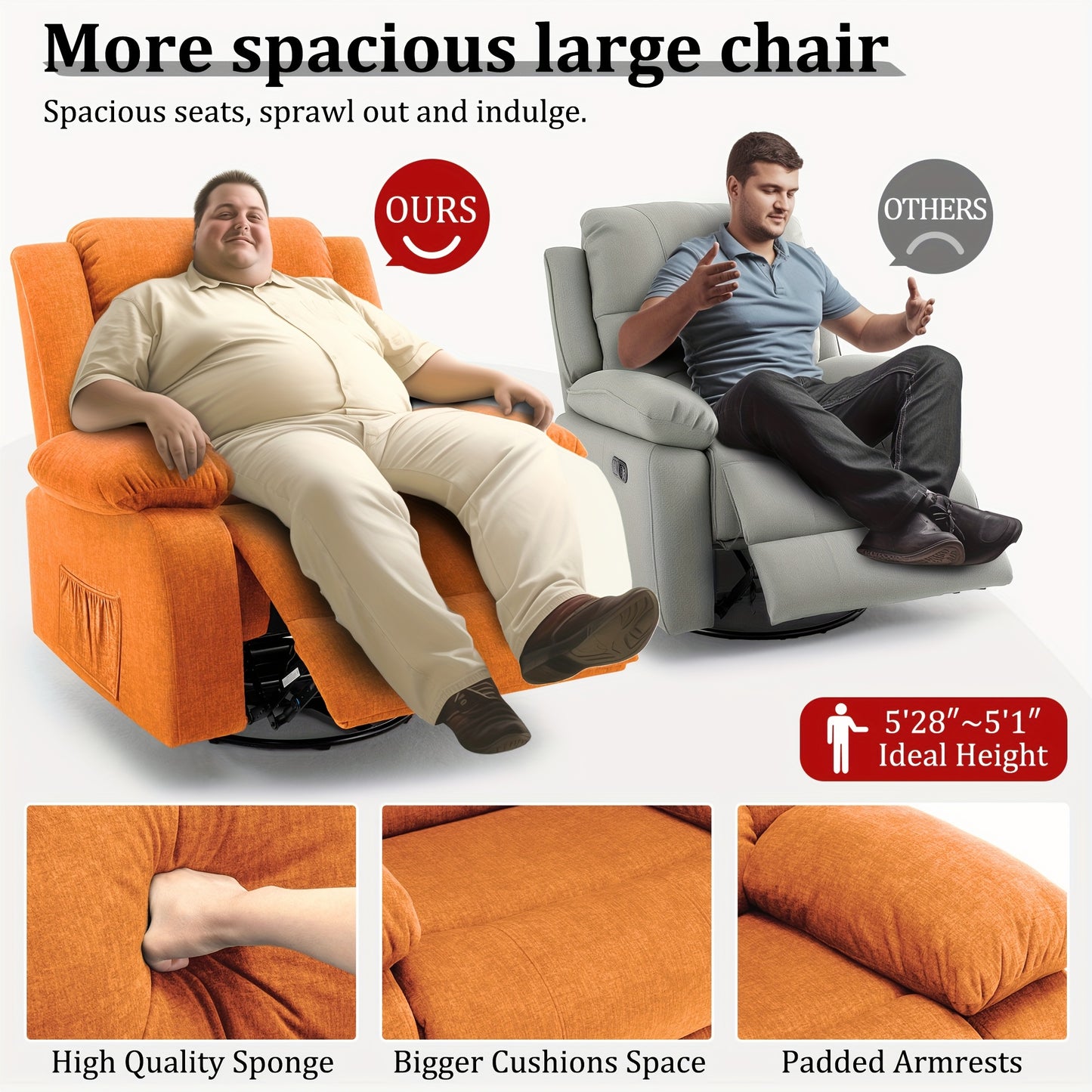360° Rotating Extra-Large Recliner Chair with Massage & Heating Functions - Manual Adjustable Orange Cashmere Rocking Chair for Adults, Ergonomic Design with Side Pockets, Mother's Day/Father's Day Gift for Living Room, Chai