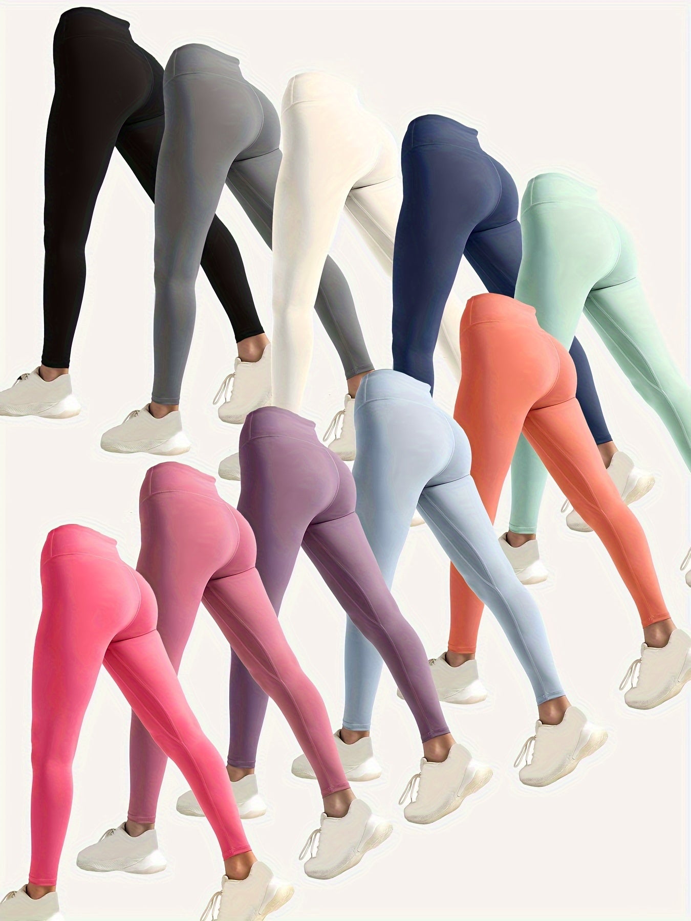 Comfortable High-Waist 10pcs Stretchy Yoga Leggings for Women - Polyester & Elastane Blend, Non-See-Through, Solid Color, Long Length, Perfect for Running & Fitness, All-Season Activewear