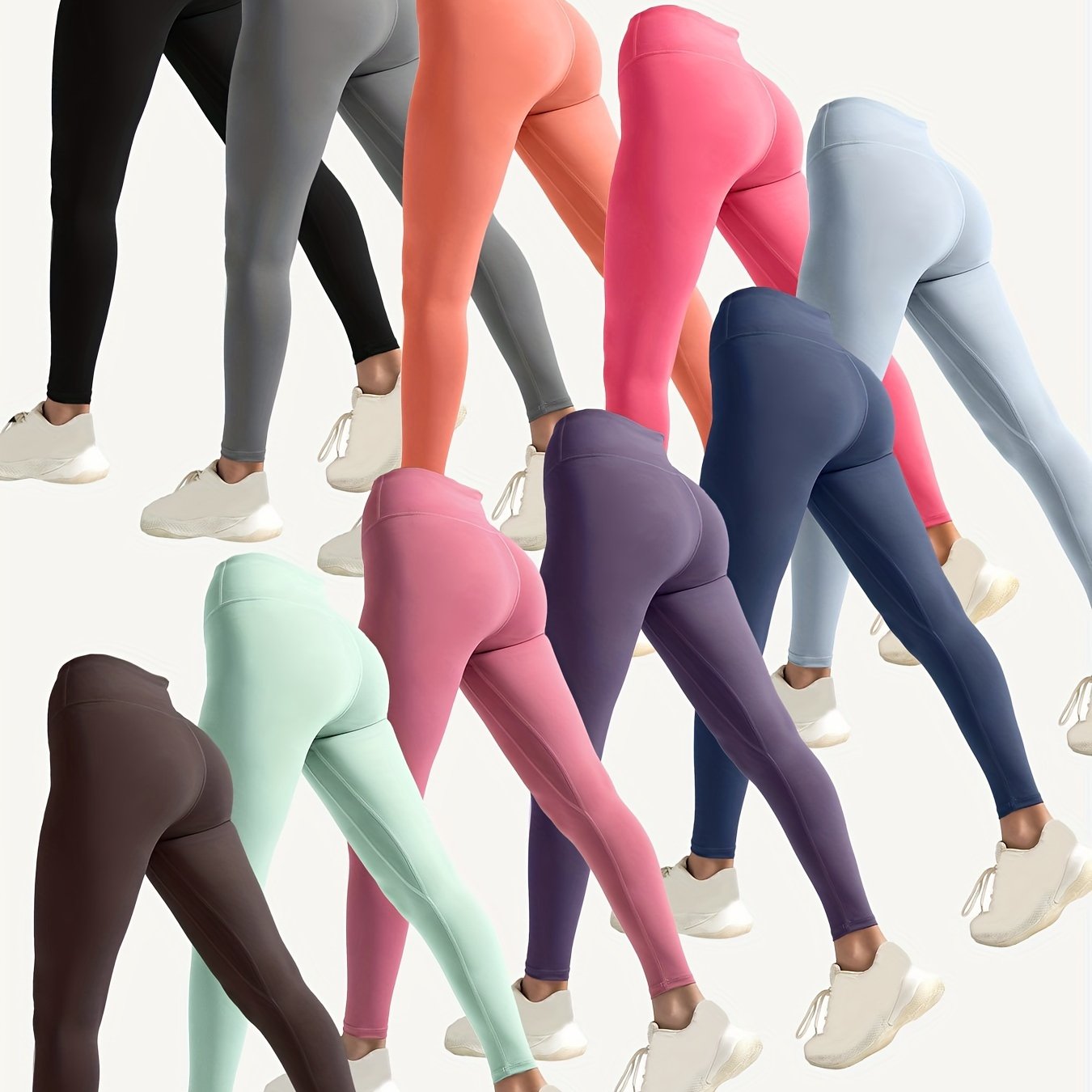Comfortable High-Waist 10pcs Stretchy Yoga Leggings for Women - Polyester & Elastane Blend, Non-See-Through, Solid Color, Long Length, Perfect for Running & Fitness, All-Season Activewear