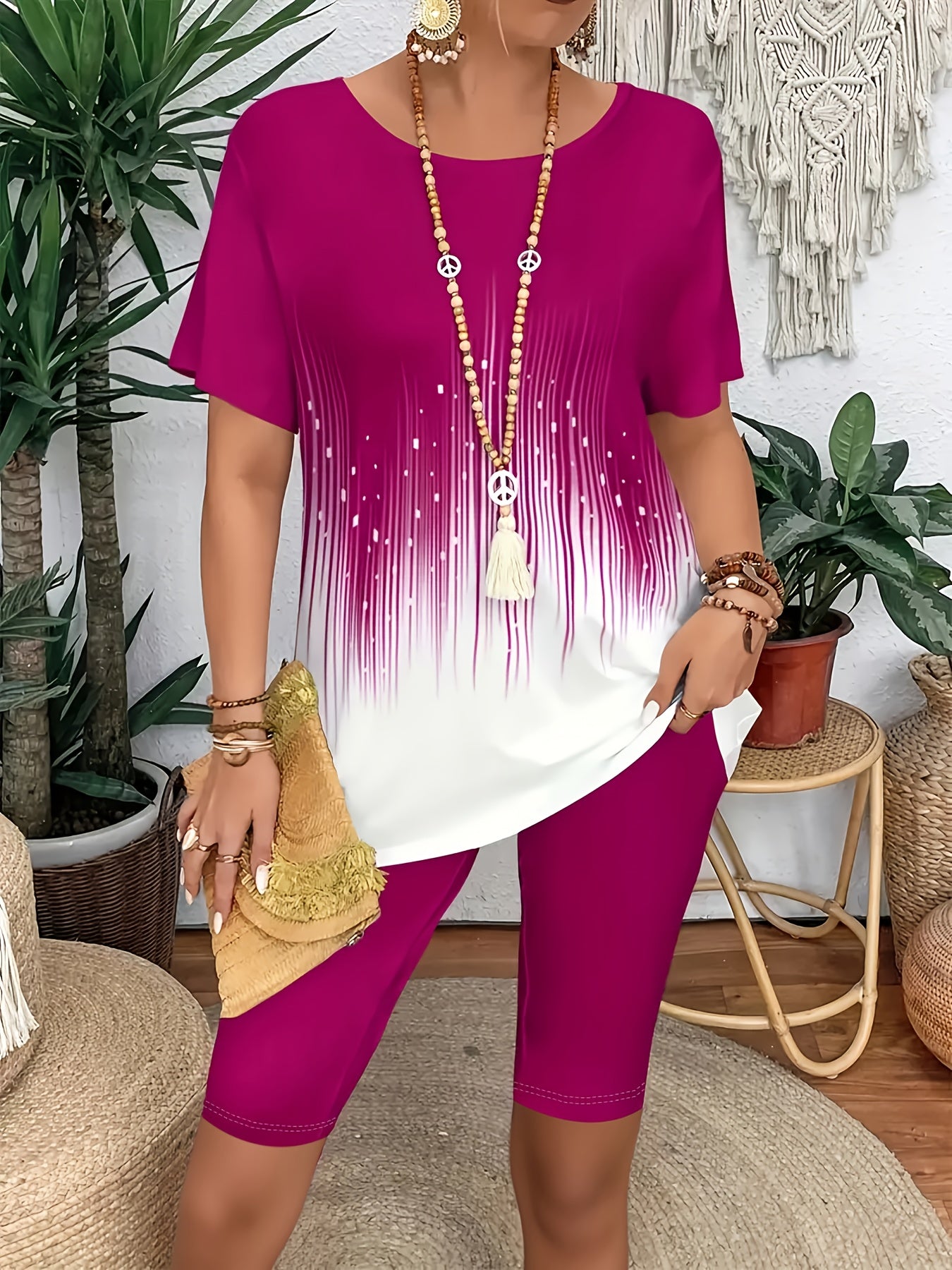 Women's Fashion Casual Breathable Short Sleeve Two-Piece Set, Colorful Striped Print, Five-Quarter Stretch Leggings, Suitable for Daily Commute, Leisure Wear, Travel Vacation, Casual Wear, Daily Outfit, Trendy Fashion, Colorf