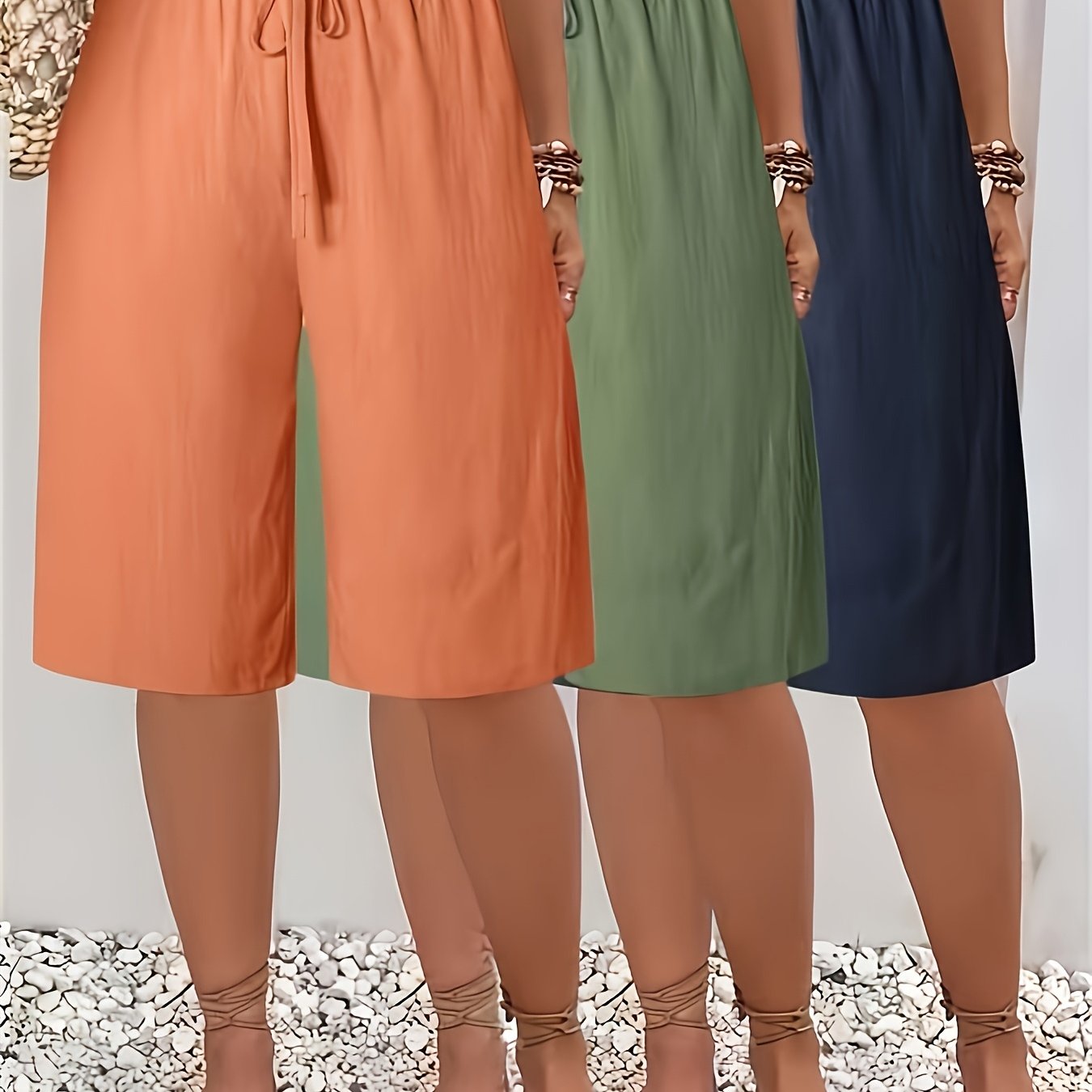 [High-Waisted Shorts] 3pcs High-Waisted Wide-Leg Shorts | Women's Casual Mid-Thigh Length Non-Stretch Fabric, Solid Colors - Machine Washable