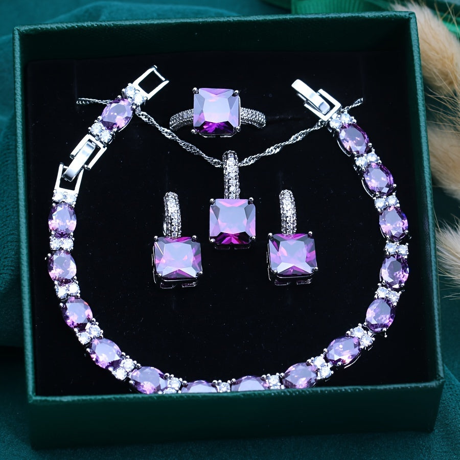 5pcs Vintage Style Copper Jewelry Set with Synthetic Purple Cubic Zirconia - Necklace, Earrings, Pendant, Ring, Bracelet - Ideal for Weddings, Christmas, Thanksgiving Gift, All-Season Accessory