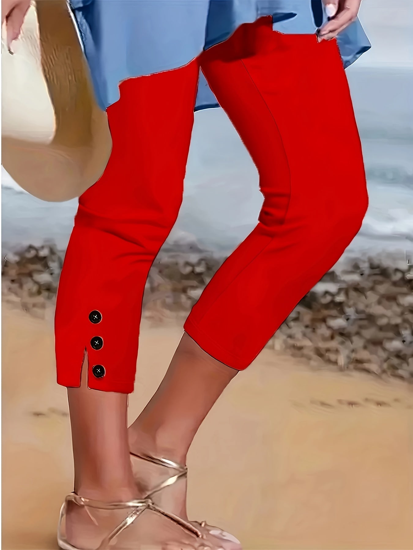 3pcs Set Of Women's High Waisted Capri Leggings - High Stretch Fake Button Details, 3 Solid Colors (black, Navy Blue, Red), Machine Washable for Casual Outdoor Wear In Spring, Summer, Autumn, High Waisted Leggings, Seasonal F