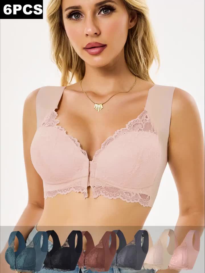 6pcs Women's Front-Closure Wireless Push-Up Bras, Floral Lace Bralette with Wide Comfort Straps & Back Smoothing, Seamless Breathable Fixed Cups for Daily Wear, Lifting Support Comfortable Lounge Underwear Set