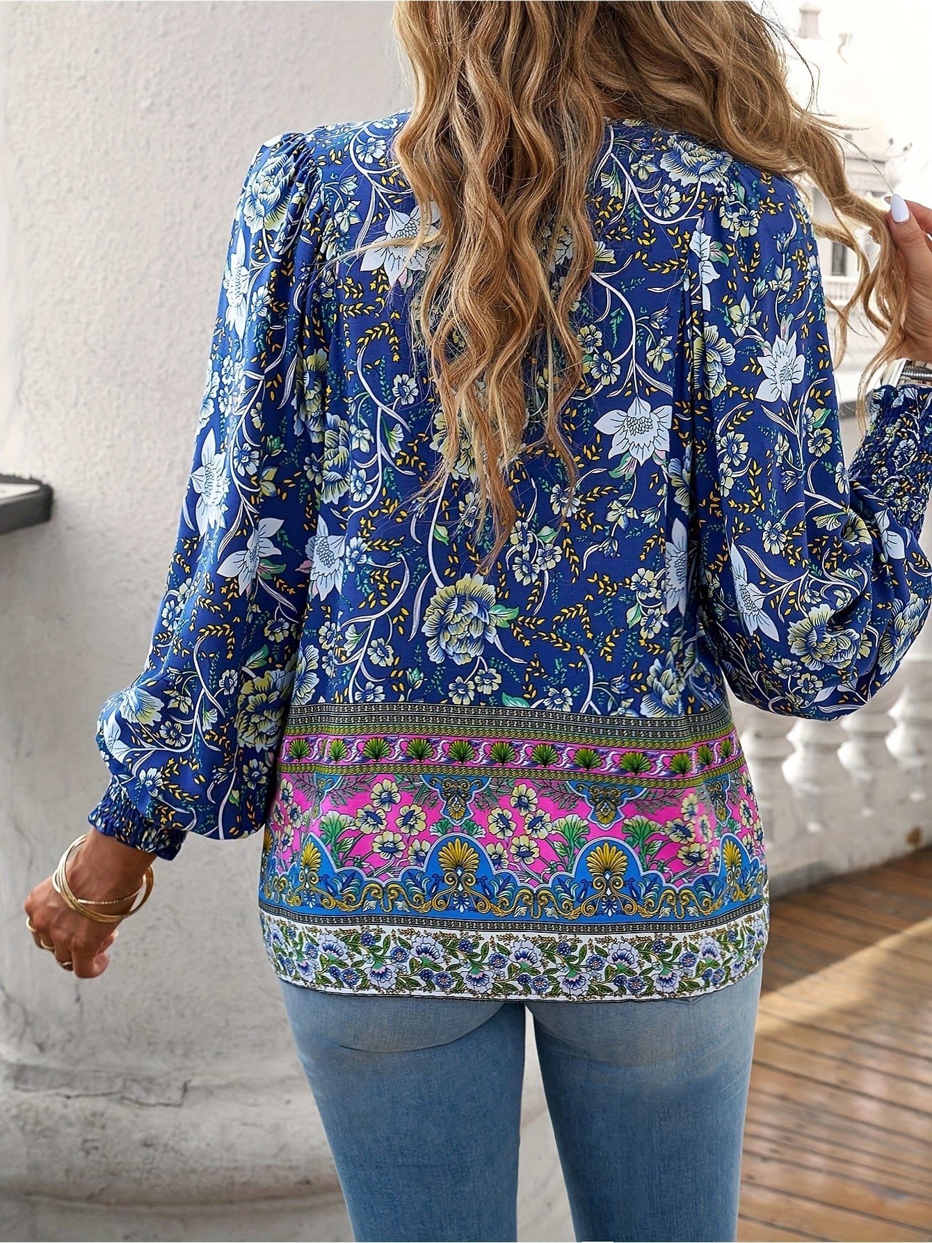 Bohemian Resort Style Printed V-neck Tied Long Sleeve Top Shirt Fashion Commuting.