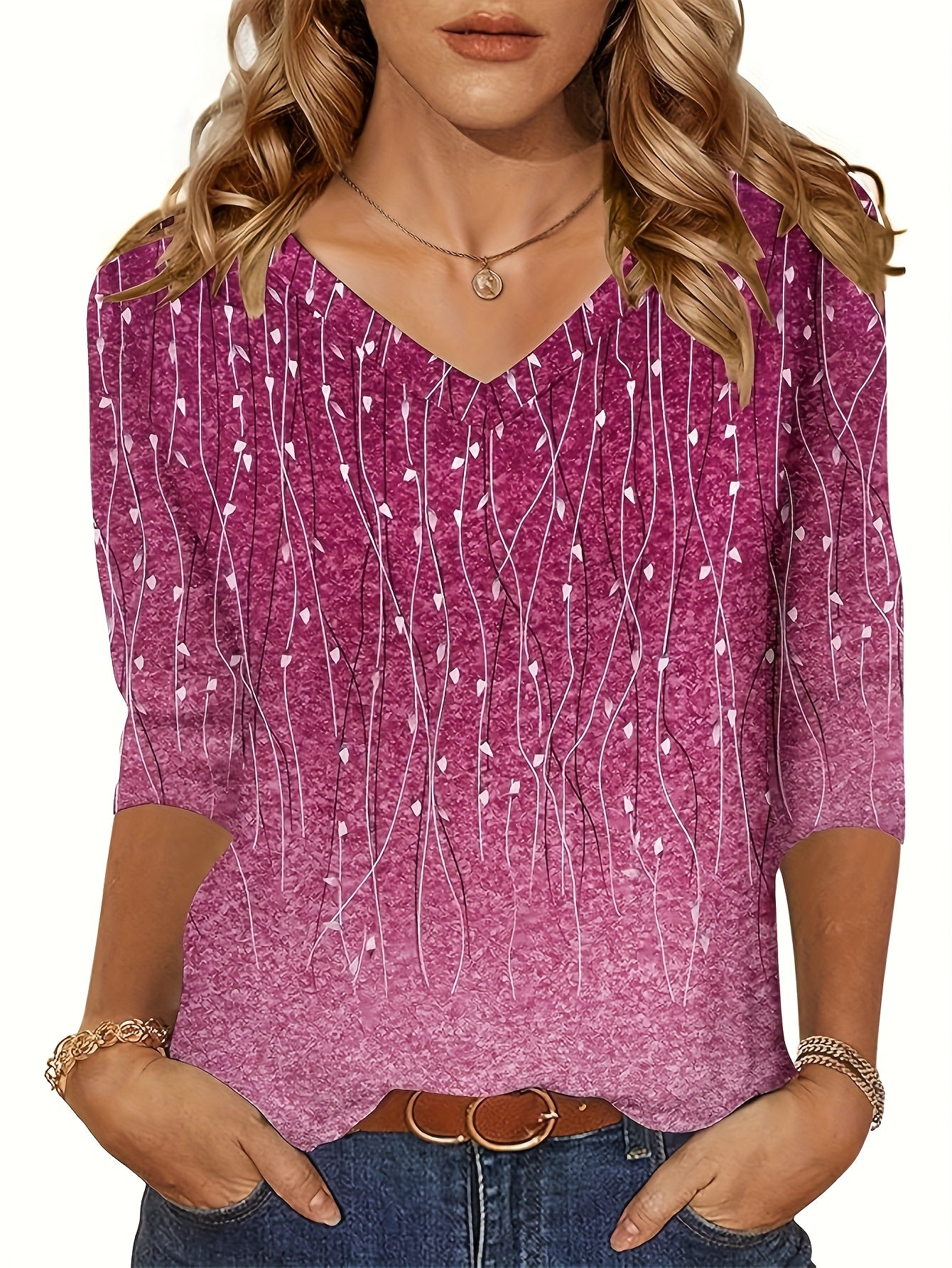 [Casual V-Neck Blouse] Lightweight Polyester Women's Casual V-Neck Blouse | 3/4 Sleeves, Gradient Pink to Purple, Ruffled Hem, Button-Up Front, Perfect for Spring & Fall