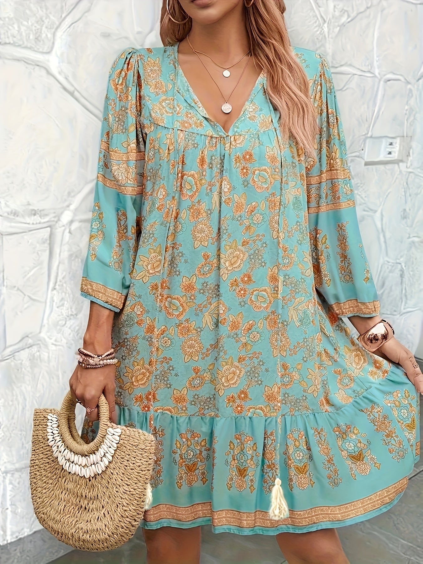 Ladies' floral print holiday stylish Su tie dress