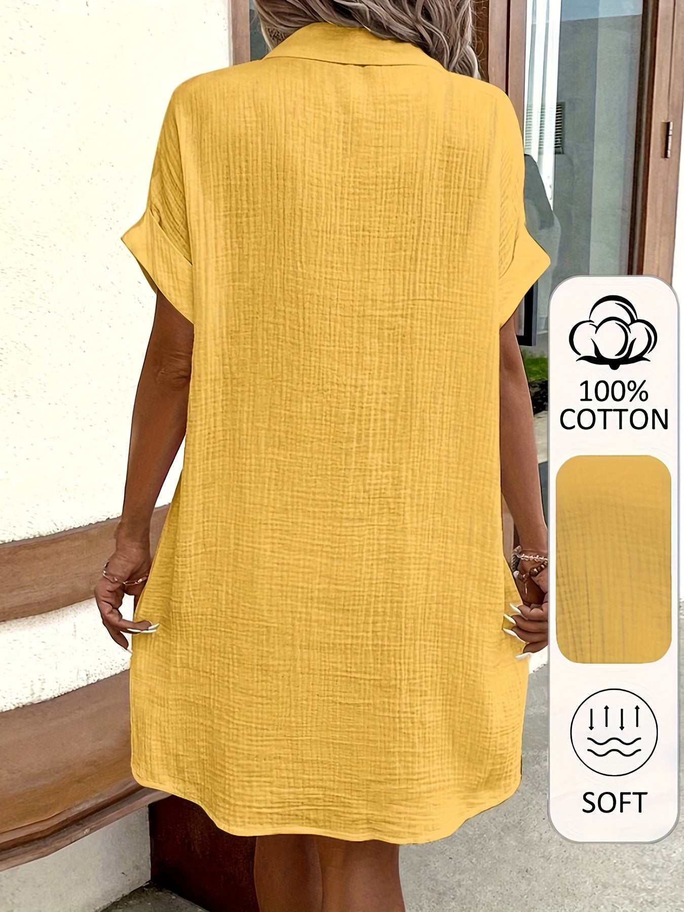 100% V-Neck Blouse Dress for Women - Light Blue Casual Shirt Dress with Button Details, Short Sleeves, and Collar, Machine Washable, All-Season Comfort, Allseason Dress | Vneck Dress | Button Detailing
