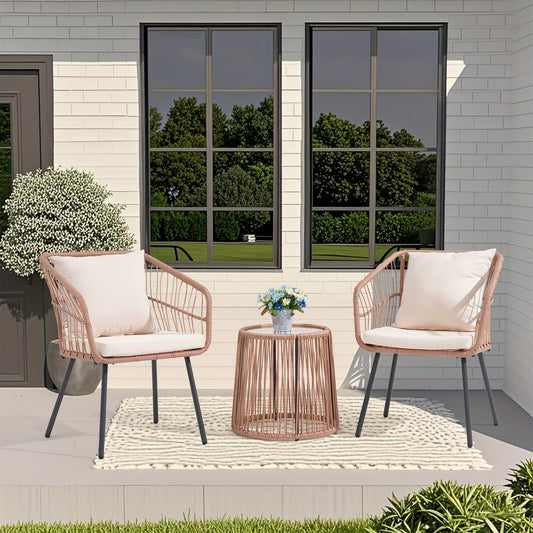3pcs Patio Rattan Furniture Set, PE Wicker Bistro Set with 2 Armchairs And Glass Topped Side Table, Outdoor Conversation Set for Porch Balcony Backyard Poolside