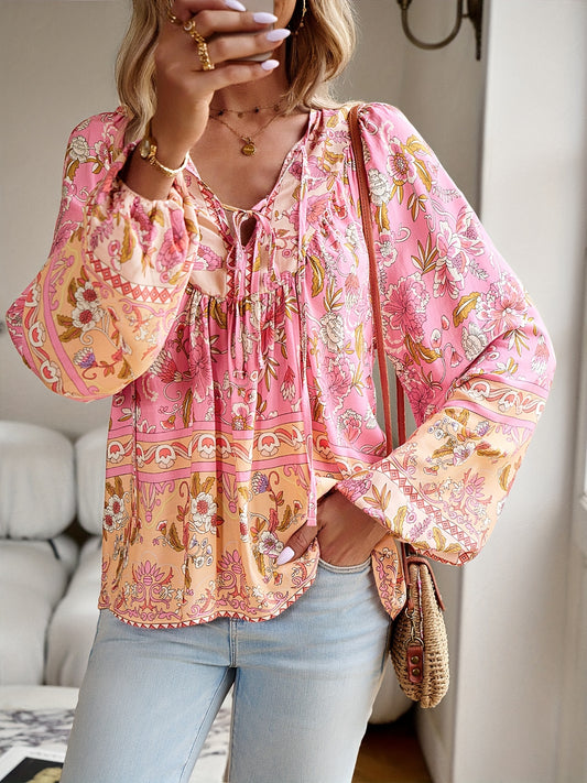 Boho Chic Floral V-Neck Blouse with Tie Detail - Long Sleeve, Casual Resort Wear for Women, Temperament, Fringed Shirt, Leisure Style, ALL/Global/All