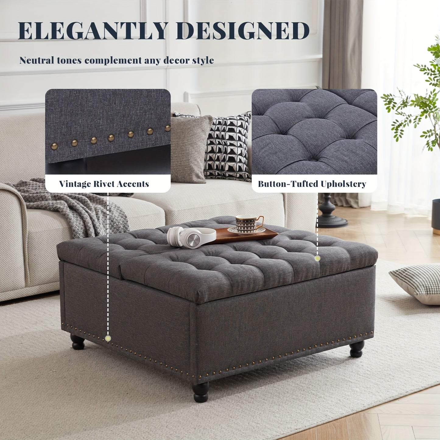 Large Square Storage Ottoman Bench, Square Tufted Upholstered Coffee Table Ottoman With Storage, Toy Box, Ottoman For Living Room, Oversized Storage Bench, Bedroom Ottoman, Entryway, Coffee Table For Living Room