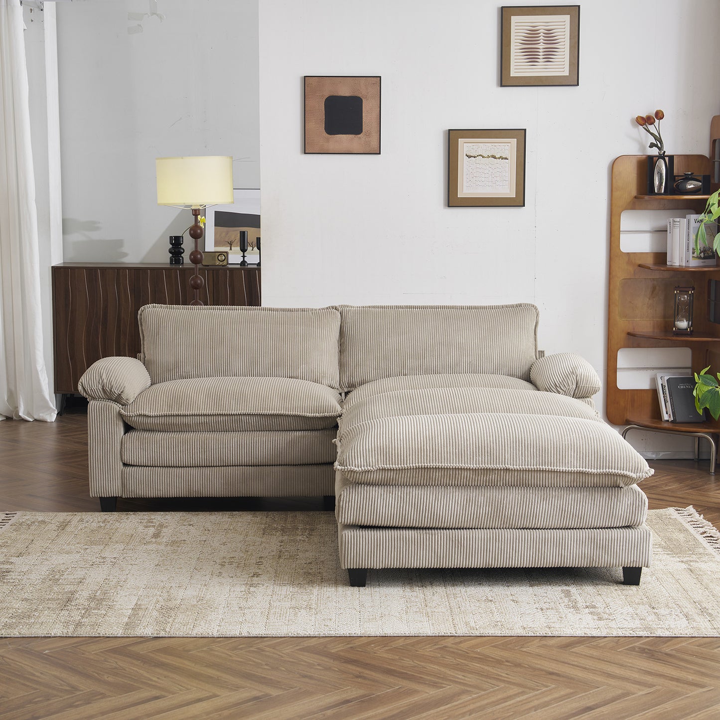 [Modern Cloud Sofa] MOTOOS 90.16 Inch Modern Corduroy Combination Cloud Sofa with Two Footstools, Double Layer Soft Cushion Double Sofa, Comfortable Sofa Bed, 2 Pillows and Removable Armrests