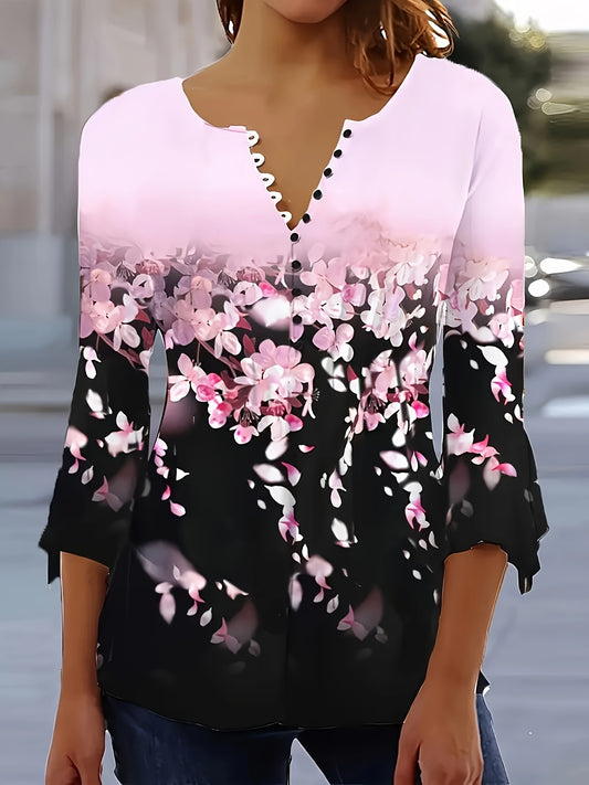 Spring And Summer New Printed Button Irregular Seven Quarter Sleeve T-shirt Casual Top