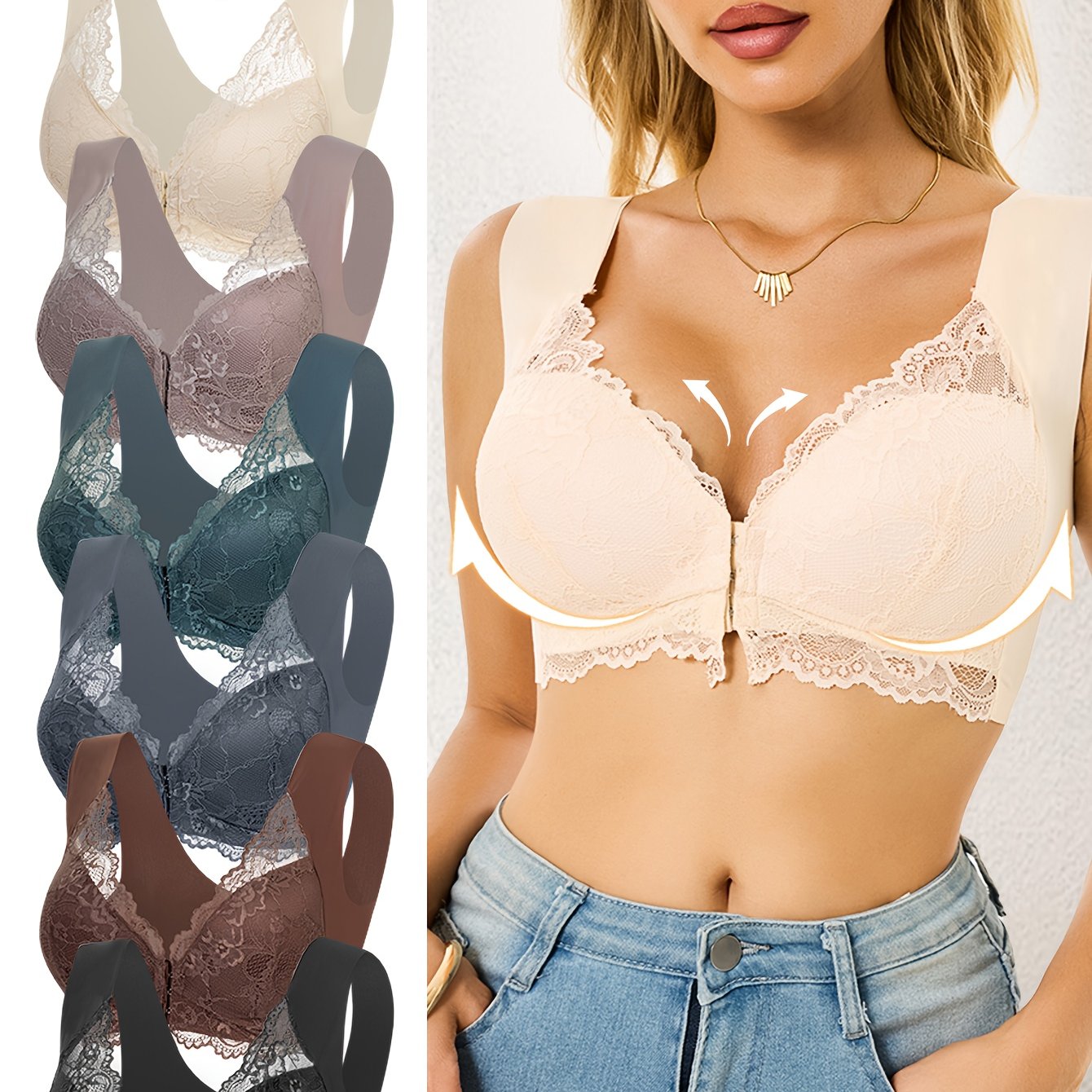 6pcs Lace Spliced front-opening Women's bra, elegant, wireless, No underwire, And romantic, charming, gathering, -sagging, High support, Adjustable, Seamless Bras for Women, Strapless Bras for Women Full Support, Front Closur