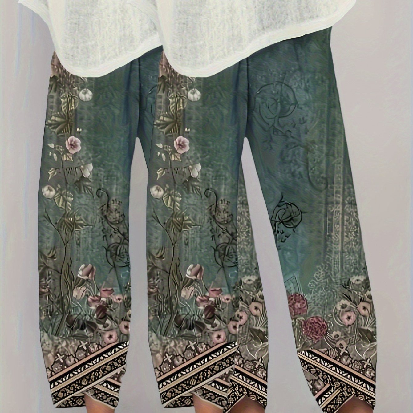 Women's 2pcs Pants Set: Summer Casual Loose Flower Print Cropped Pants with Shorts in Soft Polyester Fabric
