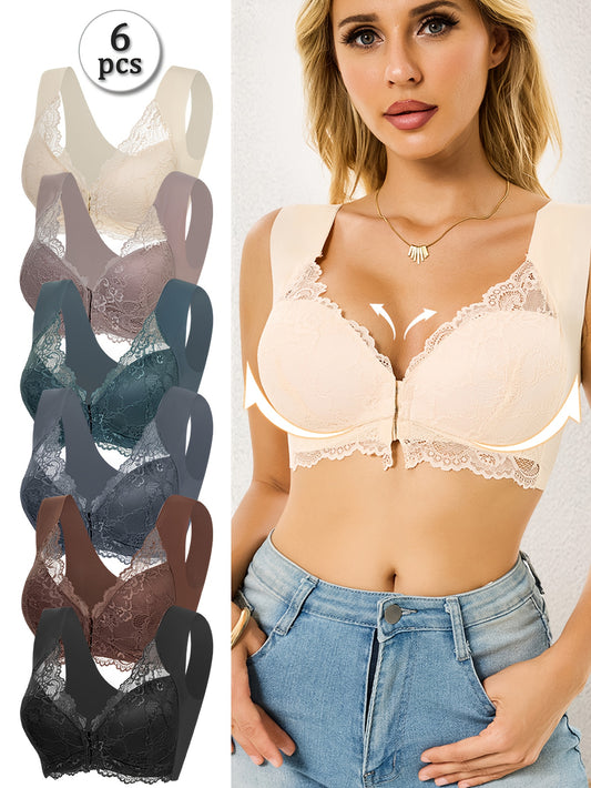 6pcs Lace Spliced front-opening Women's bra, elegant, wireless, No underwire, And romantic, charming, gathering, -sagging, High support, Adjustable, Seamless Bras for Women, Strapless Bras for Women Full Support, Front Closur