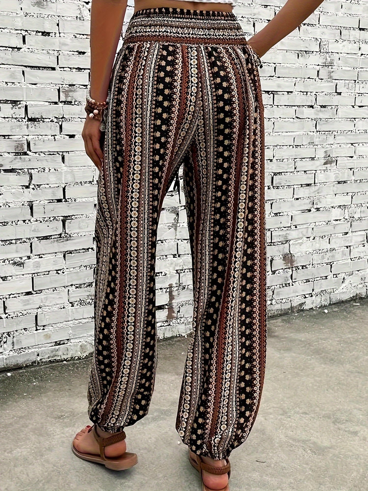 Women's Loose Fit Linen-Textured Polyester Harem Pants - Casual Summer Tapered Ankle Trousers with Pockets, Elastic Waist & Button Closure, Random Print for Outdoor