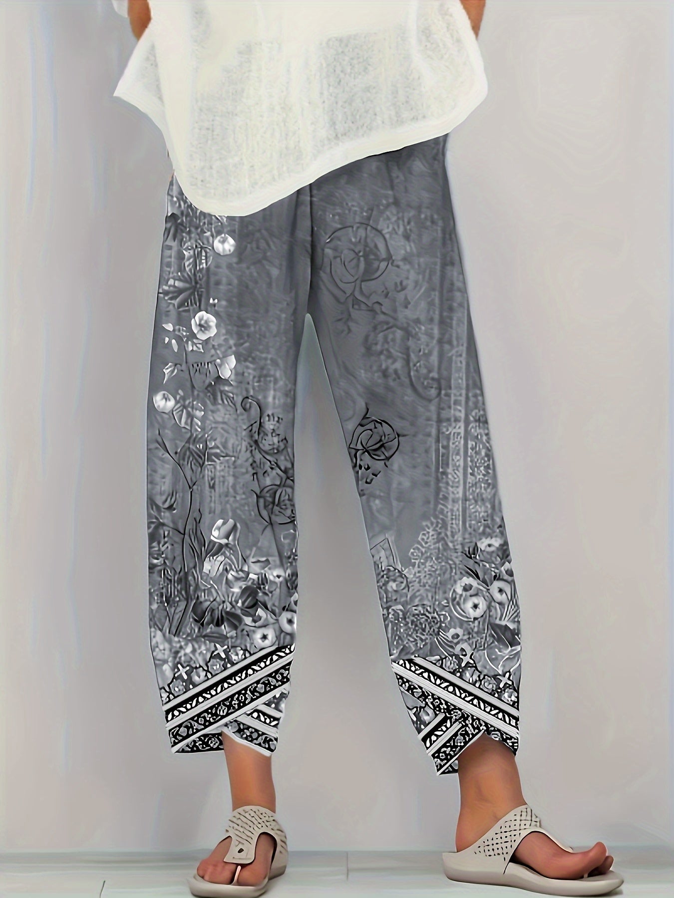 [Floral Print Palazzo Pants] Plus Size Floral Print Palazzo Pants | High Waist Wide Leg Cropped Pants, Soft Polyester Casual Summer Pants for Women, Lightweight & Breathable, Perfect for Casual Attire, Allseason Pants