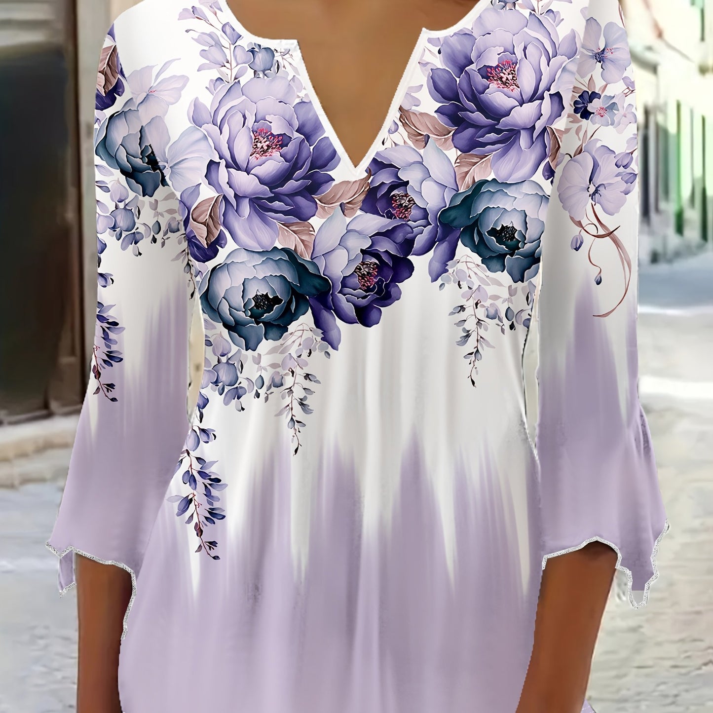 Elegant V-Neck Floral Blouse - Light Purple with Blue & White Flowers, Ruffled Sleeves, Flowy Design for Women, Perfect for Spring & Summer, Casual Wear Blouse | Floral Print Top | Ruffled Sleeve Top