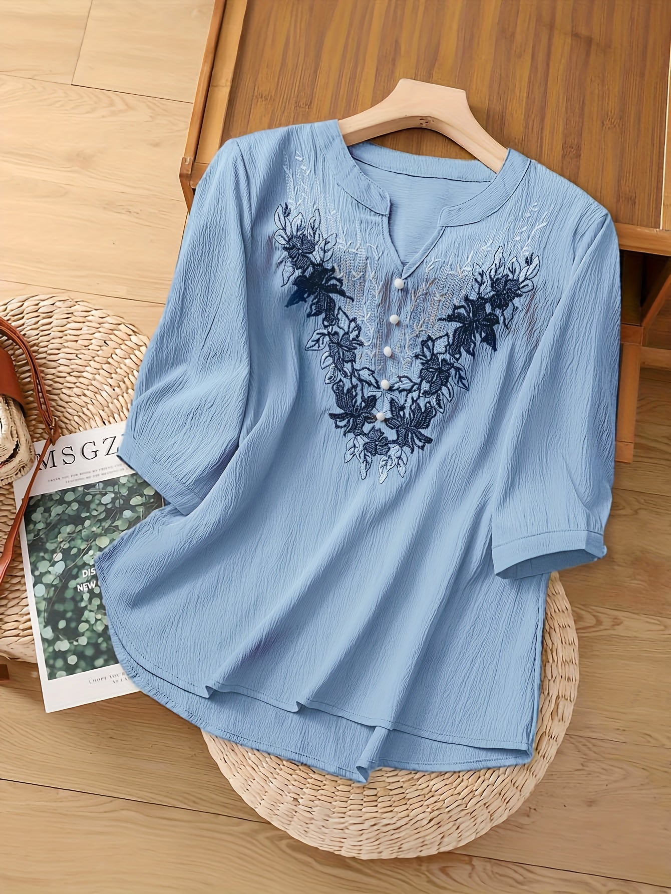 Women'S Elegant Floral blouse - Light Blue V-Neck Blouse with Floral pattern, Three-fourth Sleeve Non-See-Through Shirt for Office, Wedding, Party - Spring/Fall/Summer Everyday & Formal Tops, Floral Print Blouse, Seasonal Fas