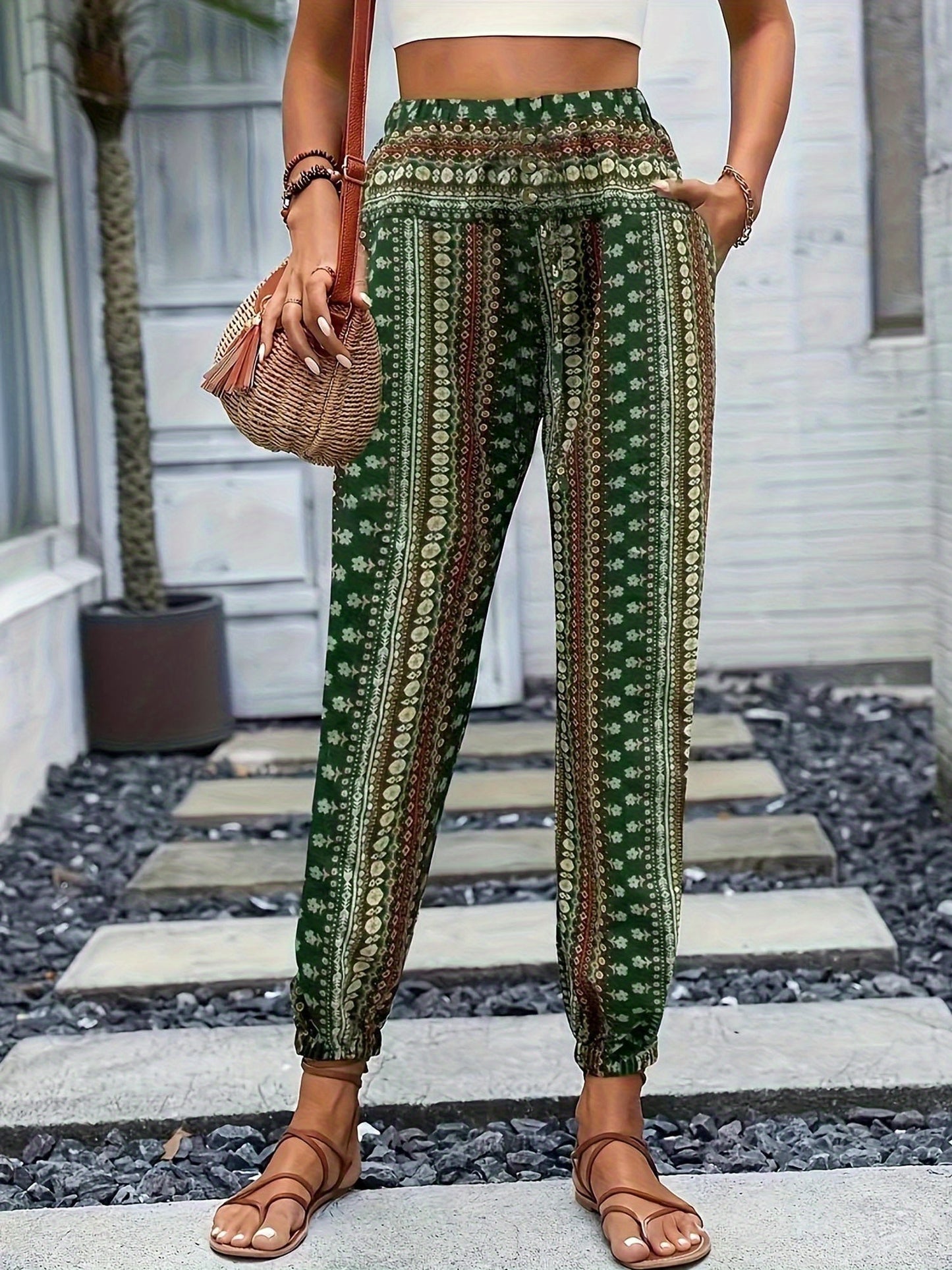 Women's Loose Fit Linen-Textured Polyester Harem Pants - Casual Summer Tapered Ankle Trousers with Pockets, Elastic Waist & Button Closure, Random Print for Outdoor