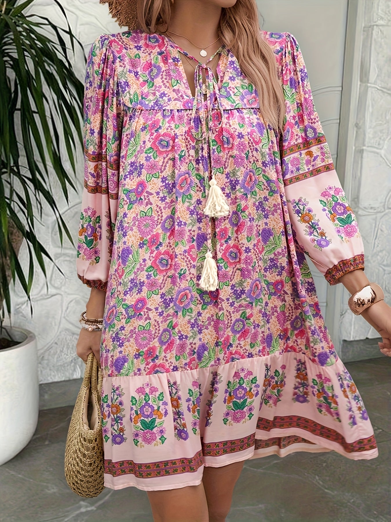 Ladies' floral print holiday stylish Su tie dress