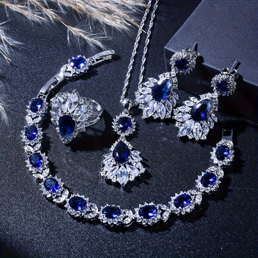 [Elegant Wedding Jewelry Set] 5pcs Elegant Wedding Jewelry Set with Sparkling Cubic Synthetic Zirconia Inlay, Adjustable Ring, Necklace, Bracelet, Earrings, High Quality, Intricate Design, Fine Craftsmanship