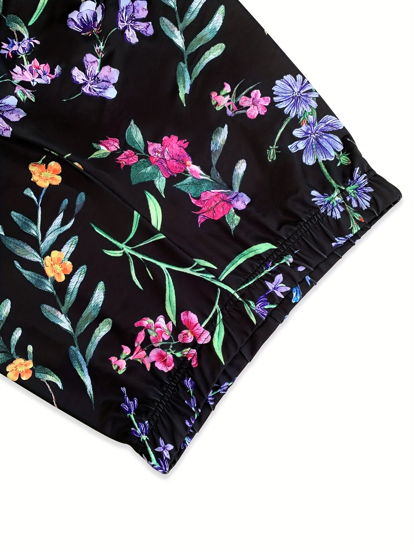 Women's High-Elasticity Floral Print Yoga Leggings - Vibrant Pink, Blue & Green Floral Design on Black Background, Machine Washable, Perfect for Fitness, Pilates, Dance & Casual Wear, Yoga Pants