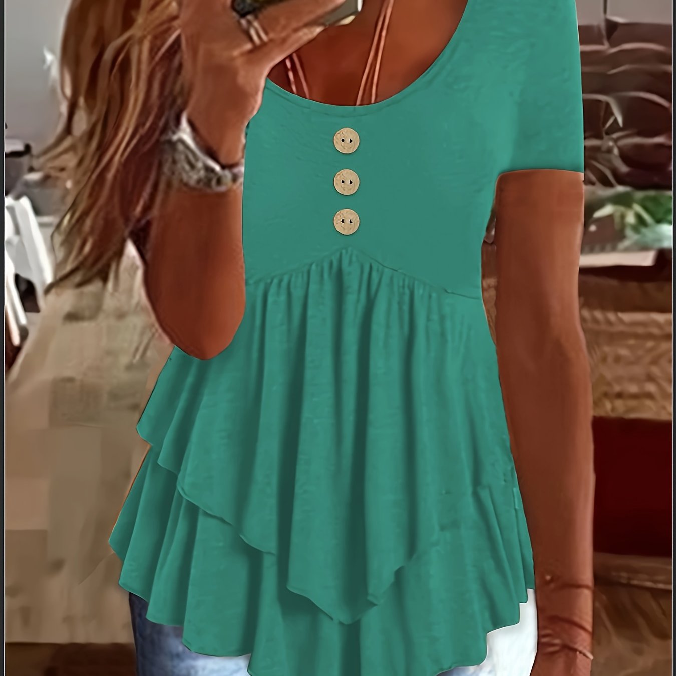 Women's Mint Green Crew Neck T-Shirt - Non-Stretch Casual Blouse with Front Button Closure, Tiered flare hem for Everyday & Formal Outfits - Machine Washable Summer Top, Ladies T-shirts, Nonstretch Fabric, Spring Fashion, Lig