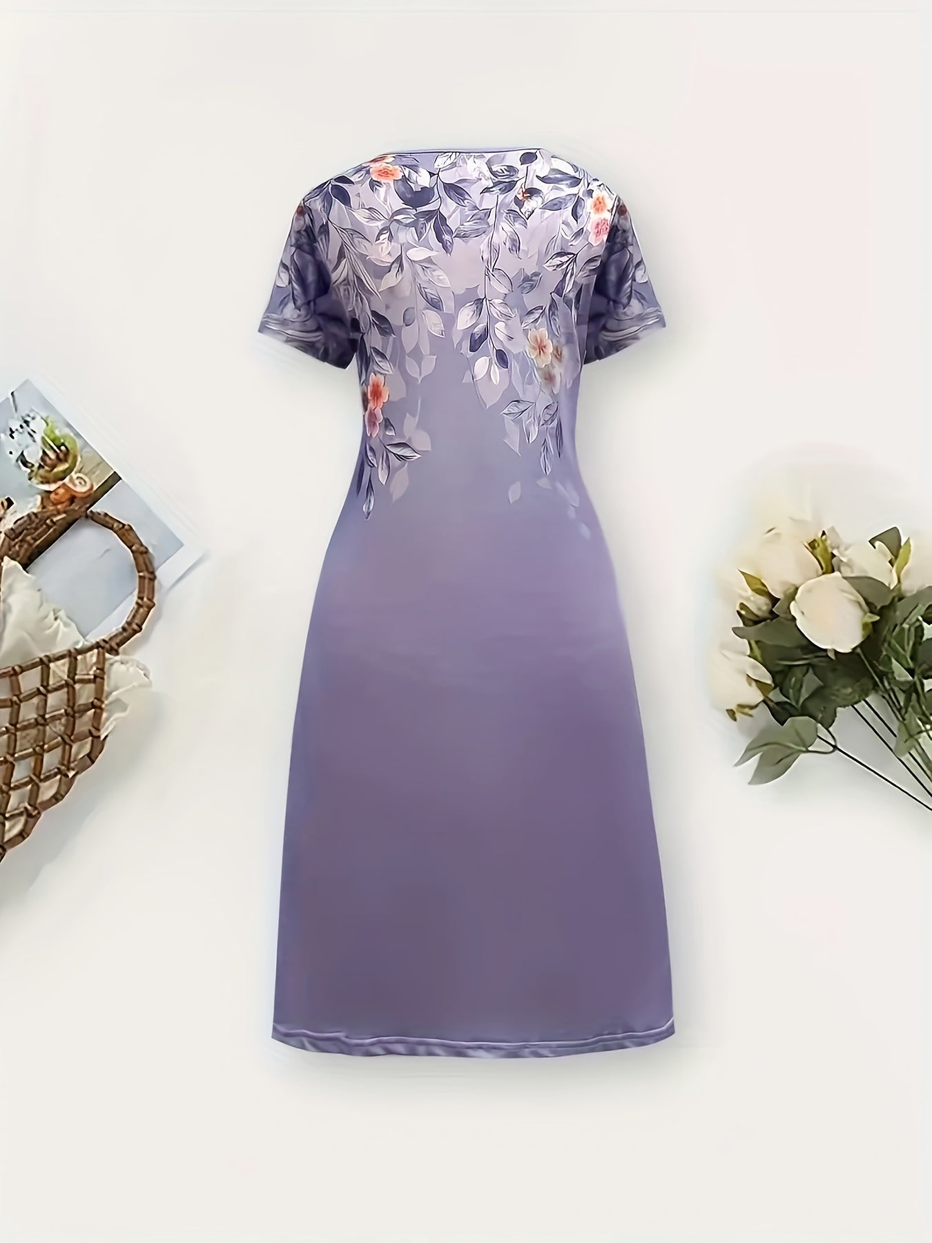 Women's Elegant Floral Print A-Line Midi Dress - Short Sleeve, Round Neck, Lightweight Polyester, Perfect for Spring/Summer Vacations, Beachwear Ready, Beach Dress, Attractive Skirts for Women, Summer Clothing Promotion for L