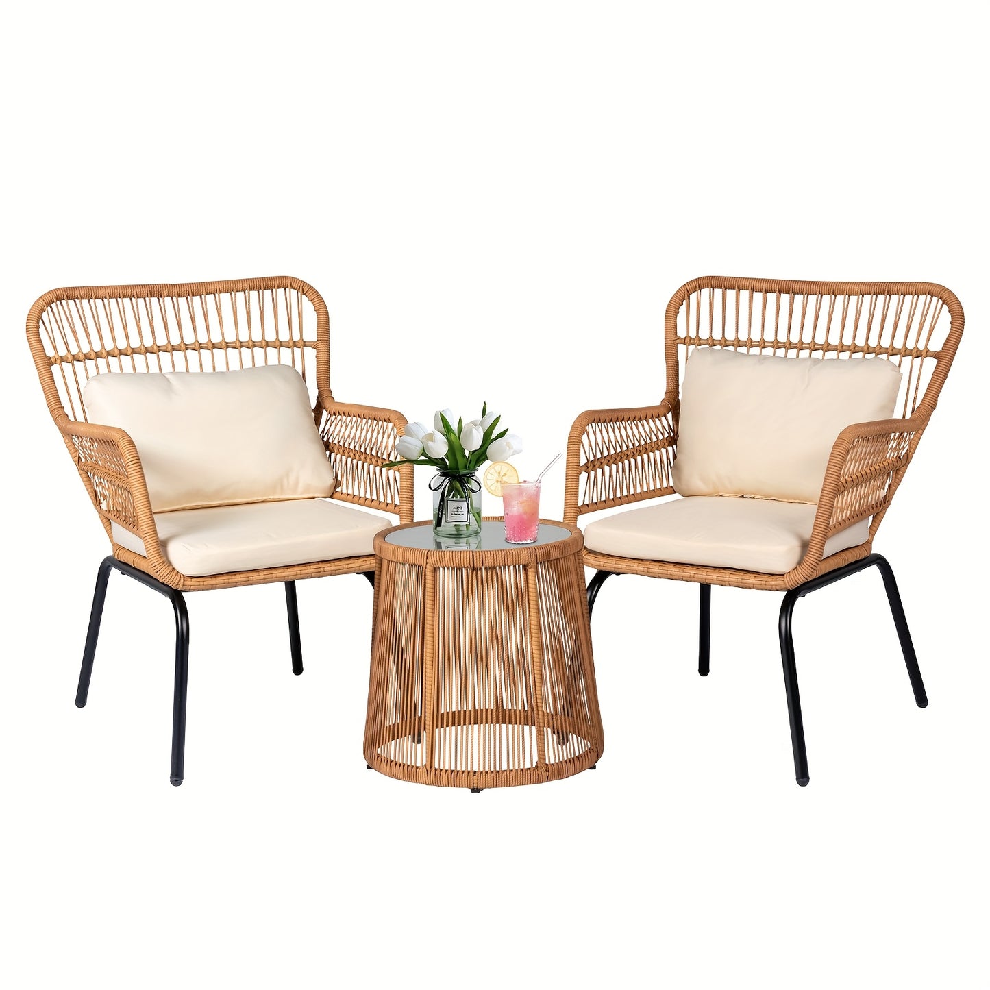3pcs Outdoor Wicker Bistro Furniture Set, Comfortable Outside Rattan Patio Chairs And Balcony Table for Front Porch Deck Backyard And Garden