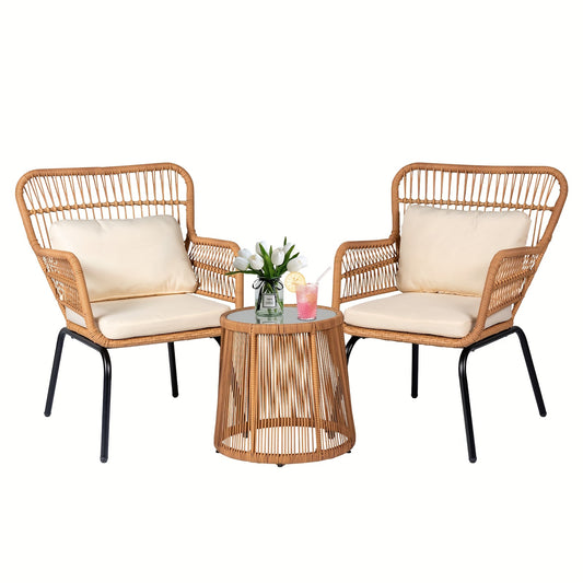 3pcs Outdoor Wicker Bistro Furniture Set, Comfortable Outside Rattan Patio Chairs And Balcony Table for Front Porch Deck Backyard And Garden