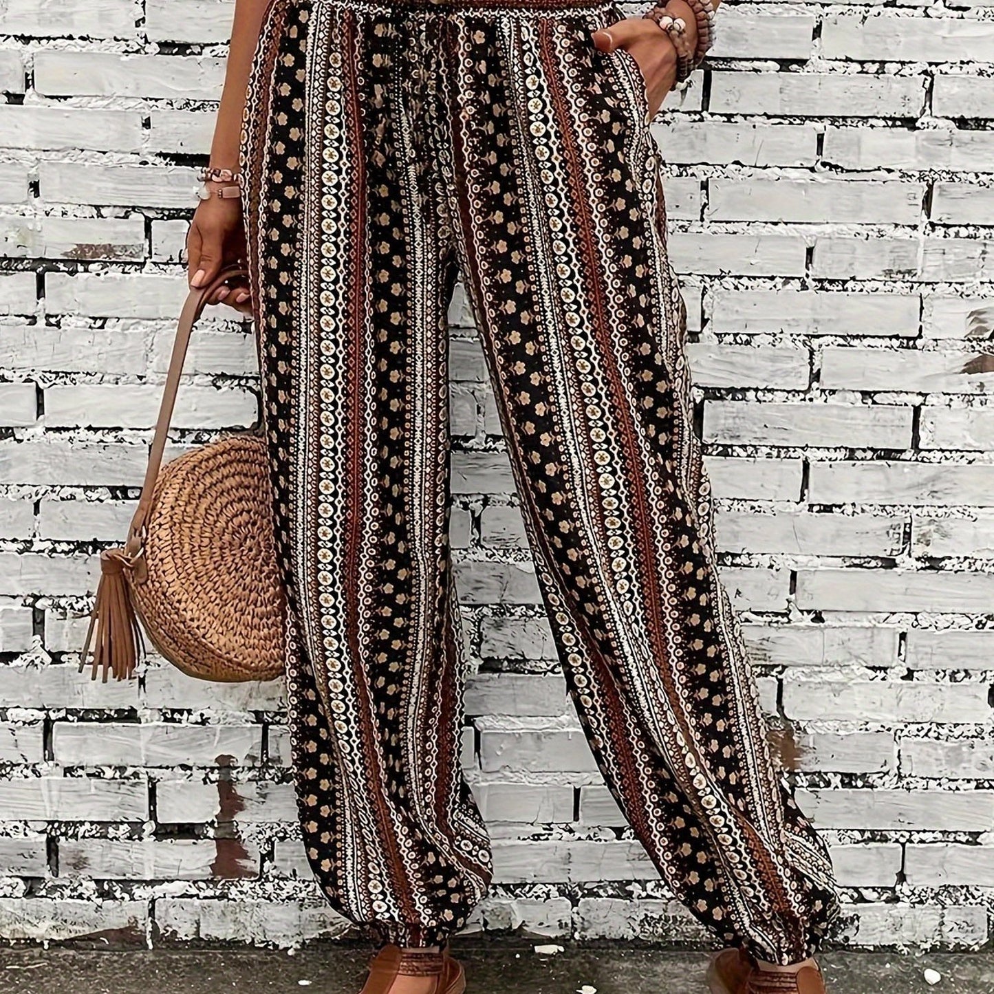 Women's Loose Fit Linen-Textured Polyester Harem Pants - Casual Summer Tapered Ankle Trousers with Pockets, Elastic Waist & Button Closure, Random Print for Outdoor