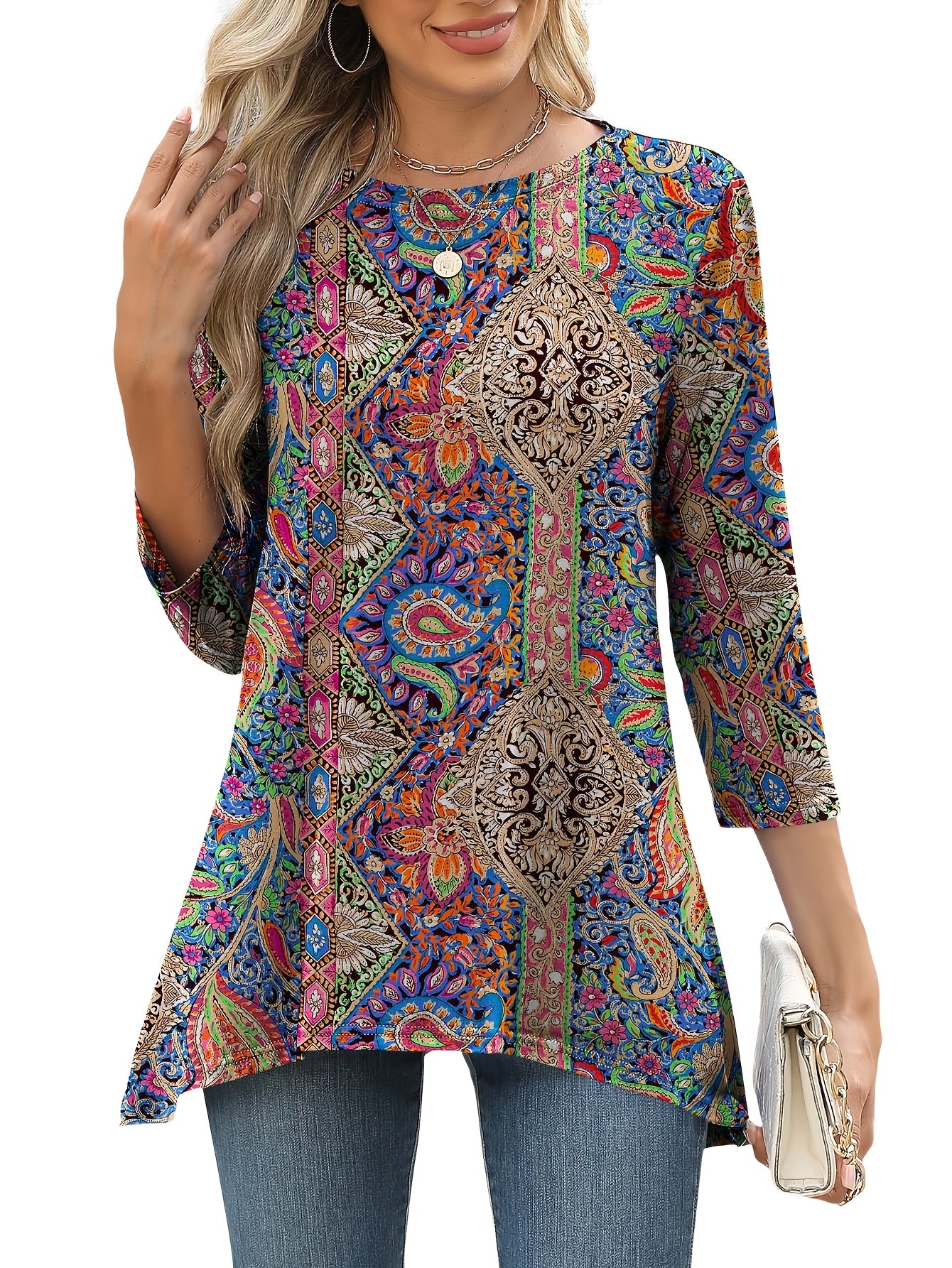 [Bohemian Style Top] Bohemian Style Women's Geometric Print 3/4 Sleeve Top | Casual Round Neck, Contrast Color Design, Lightweight & Breathable for Spring/Summer, Glossy Texture
