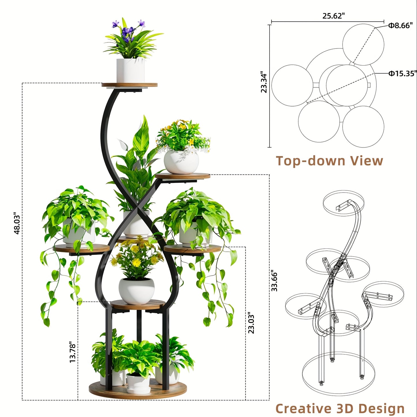 Indoor Plant Stand with Grow Light, 5-Tier 48-Inch Tall Metal Indoor Plant Shelf for Various Plants, Small Corner Display Rack Suitable for Living Room, Balcony, Patio, Hallway Decor, Brown