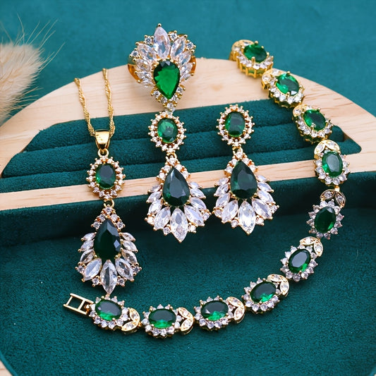 5pcs - Elegant Green Cubic Synthetic Cubic Synthetic Zirconia Jewelry Set, 18K Golden-Plated Jewellry Sets- Stud Earrings, Bracelet, Open Ring And Necklace Set, Suitable for Weddings, Party, Christmas Gift