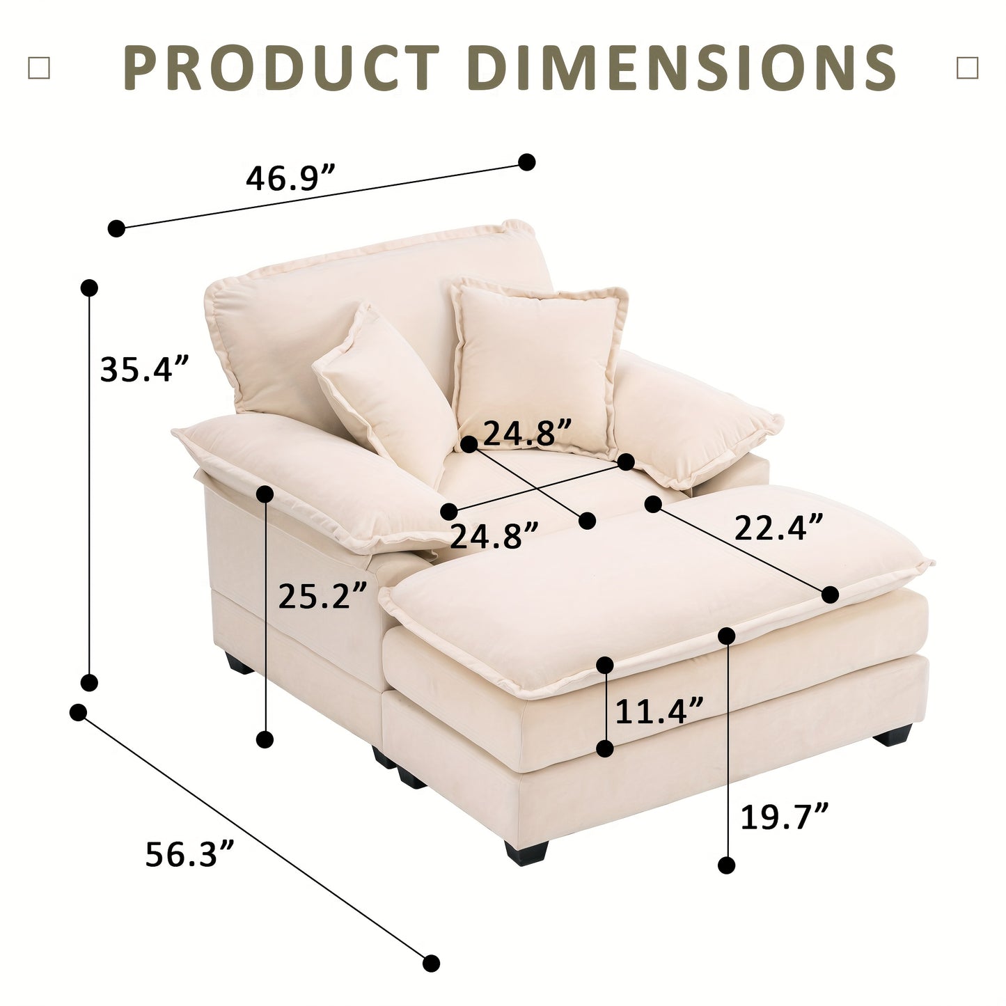 46.9 Inch Velvet Single Sofa with 2 Folding Pillows And An Ottoman, Comfort Sofa - Living Room Apartment Deep Seating Sofa, Upholstered Recliners