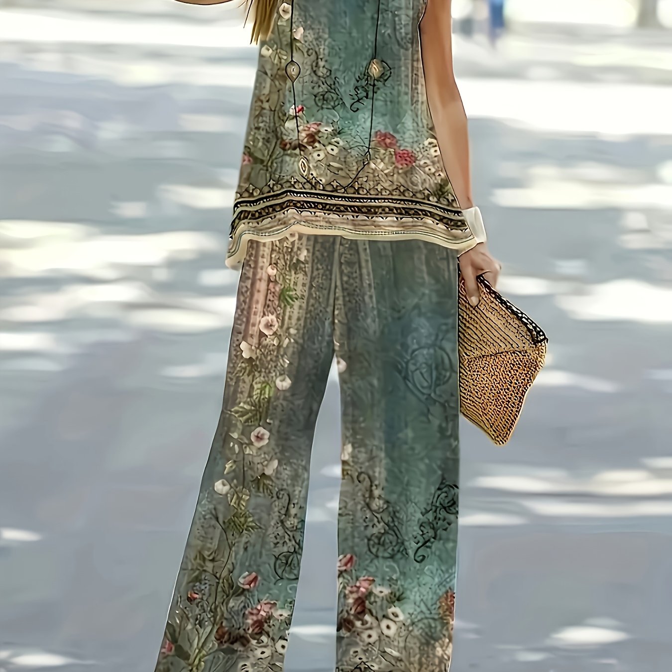 Women's Clothing, Floral Print Casual Pants Set, Crew Neck Vest And Pants Combination
