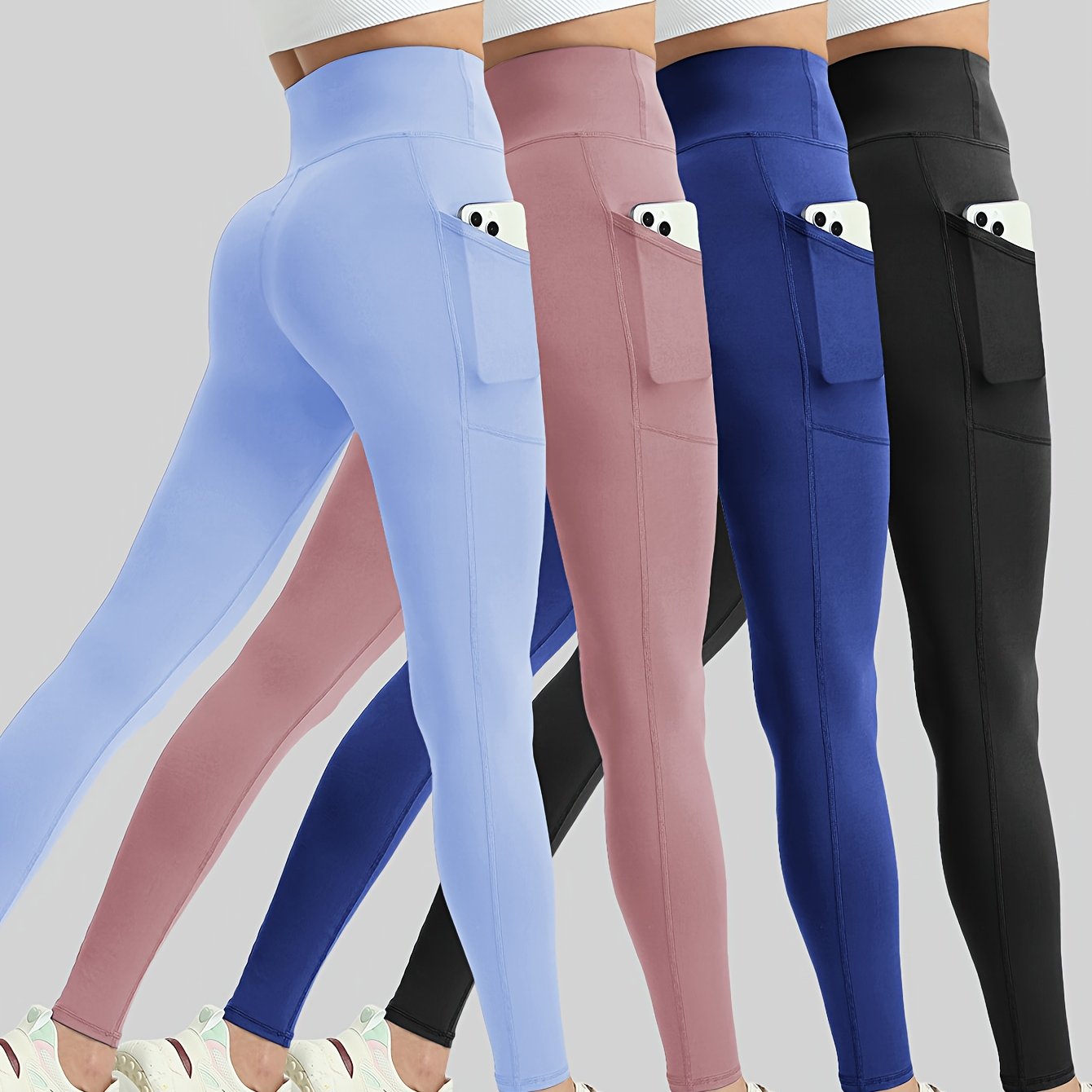 4pcs Women'S Plus Size High Waist Tummy Control Yoga Leggings with Pockets - Stretchy, Non-See-Through Workout Pants in White, Pink, Maroon, Black - Perfect for Gym, Fitness & Casual Wear, Yoga Pants