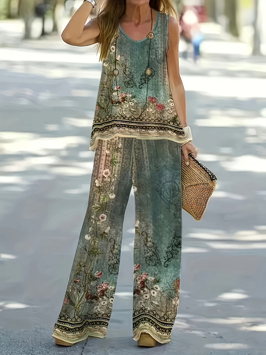 Women's Clothing, Floral Print Casual Pants Set, Crew Neck Vest And Pants Combination