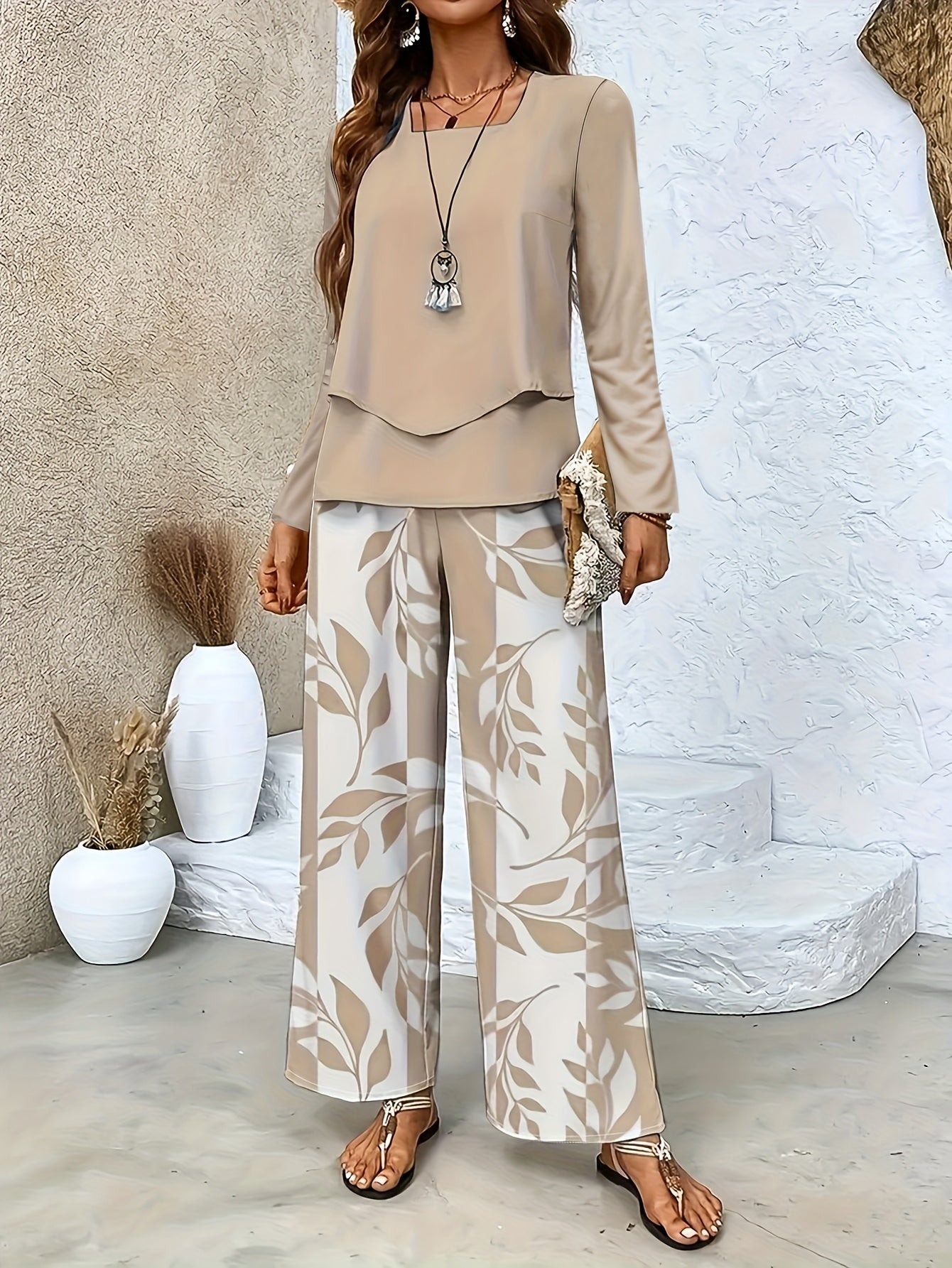 New Development: Plant Striped Printed Square Collar Double-layer Design, Long Sleeved Top, Straight Leg Pants Two-piece Set, Casual And Comfortable Long Sleeved Suit