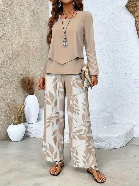 New Development: Plant Striped Printed Square Collar Double-layer Design, Long Sleeved Top, Straight Leg Pants Two-piece Set, Casual And Comfortable Long Sleeved Suit