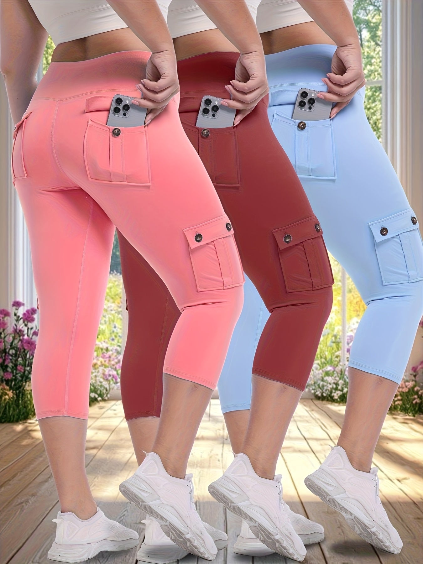 3pcs Women'S High-Waisted Yoga 7/10 Pants with Pockets - Stretch Running And Sports Leggings, Button Design, Solid Color, Comfortable Polyester Blend Fabric.