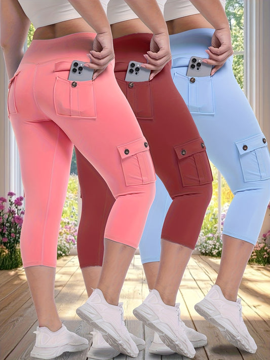 3pcs Women'S High-Waisted Yoga 7/10 Pants with Pockets - Stretch Running And Sports Leggings, Button Design, Solid Color, Comfortable Polyester Blend Fabric.