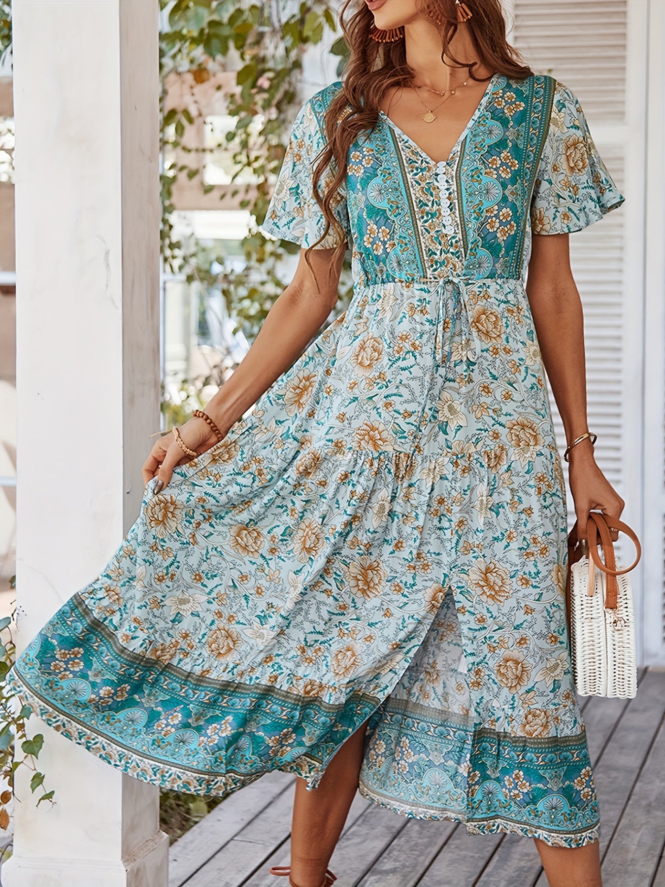 Lightweight And Breathable Summer Women's Waist Cinched Elegant Bohemian Button Up Dress, V-neck Fashionable And Refreshing Vacation Casual Women's Long Dress